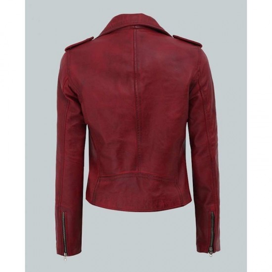 Amber Womens Moto Maroon Asymmetrical Leather Jacket