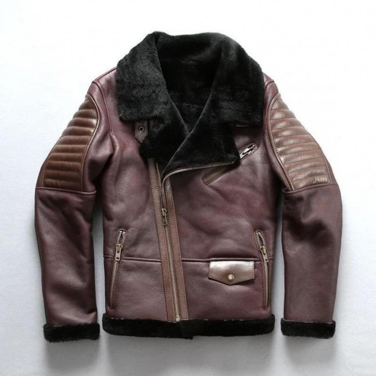 B3 Winter Leather Coat Mens Genuine Cow Skin Real Fur Shearling Brown And Black Leather Jacket Mens