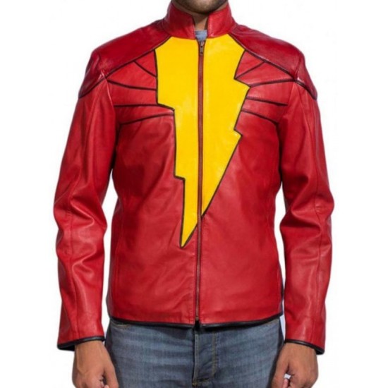 Billy Baston Captain Marvel Shazam Logo Leather Jacket