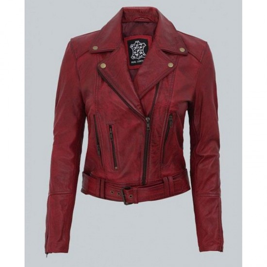 Elisa Womens Maroon Leather Motorcycle Jacket