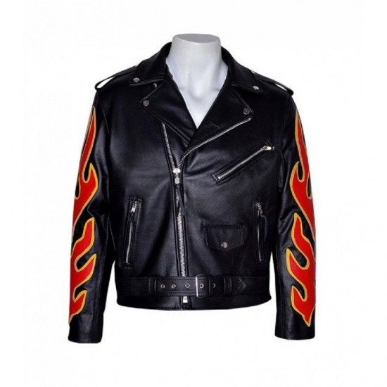 Fire Flame Men’s Black Racer Style Motorcycle Jacket