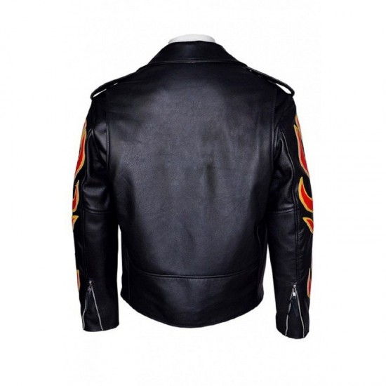 Fire Flame Men’s Black Racer Style Motorcycle Jacket