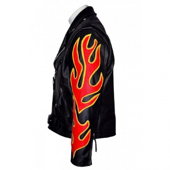 Fire Flame Men’s Black Racer Style Motorcycle Jacket