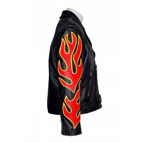 Fire Flame Men’s Black Racer Style Motorcycle Jacket