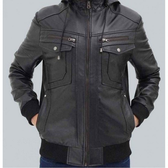 Frank Mens Black Leather Hooded Bomber Jacket