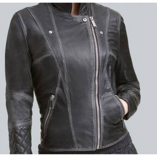 Lexi Black Quilted Asymmetrical Ladies Moto Jacket