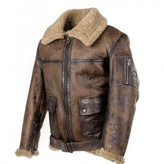 Men Arnold Schwarzenegger Winter Aviator RAF B6 Shearling Real Sheepskin Leather Bomber Flying Jacket