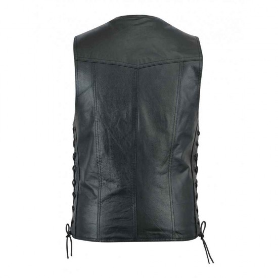 Men Basic Motorcycle Black Leather Vest Jacket