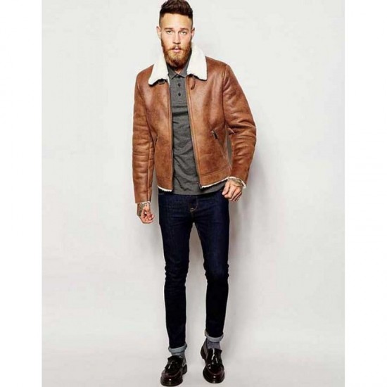 Men's Aviator Brown Leather Faux Shearling Jacket