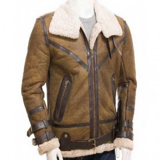 Men's Aviator Sheepskin Leather Faux Shearling Brown Jacket