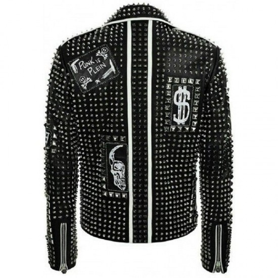 Men's Brando Studded Multi Embroidery Patches Punk Blue Leather Jacket