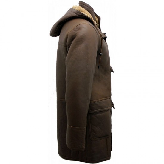 Men's Brown Shearling Sheepskin Leather Detachable Hood Duffle Coat