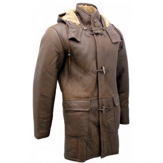 Men's Brown Shearling Sheepskin Leather Detachable Hood Duffle Coat