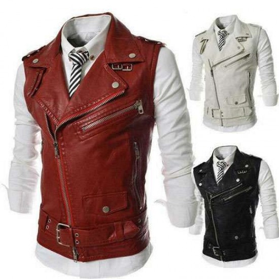 Men's Leather Biker Vest Sleeveless Motorcycle Slim Jacket Casual Coat