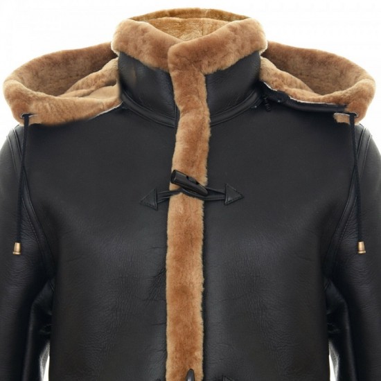 Men's New Winter Sheepskin Leather Ginger Removable Hooded Duffle Coat