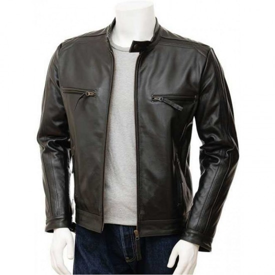 Mens Black And Brown Slimfit Stylish Classic Cafe Racer Tab Collar Real Leather Biker Jacket