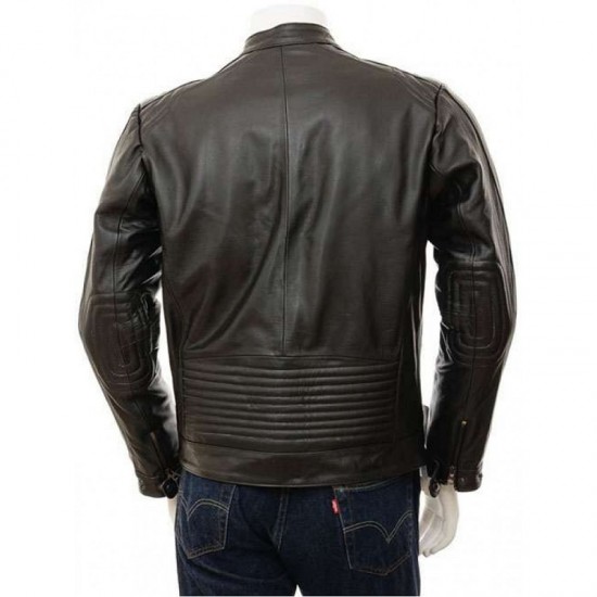 Mens Black And Brown Slimfit Stylish Classic Cafe Racer Tab Collar Real Leather Biker Jacket