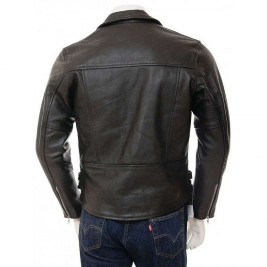 Mens Black Chromed Angled Zip Double Breasted Zipped Pockets Real Leather Biker Jacket