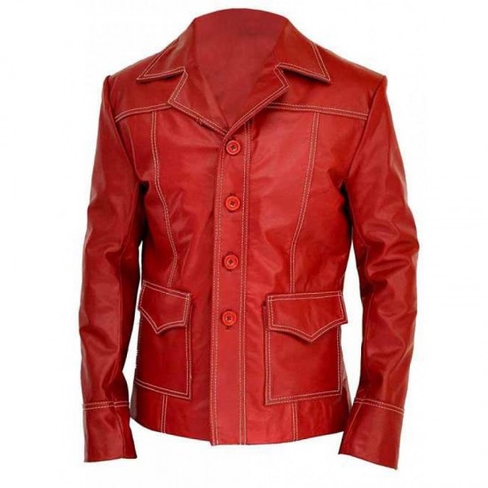 Mens Brad Pitt Fight Club Tyler Durden Coat Red Biker Leather Jacket