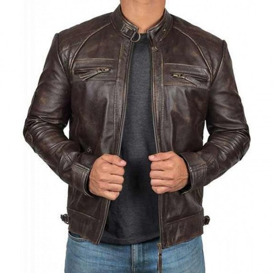 Mens Brown Genuine Lambskin Motorcycle Leather Jacket