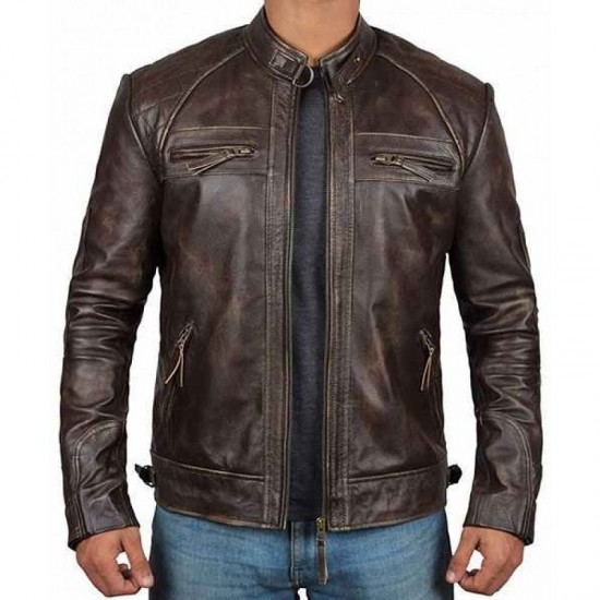 Mens Brown Genuine Lambskin Motorcycle Leather Jacket