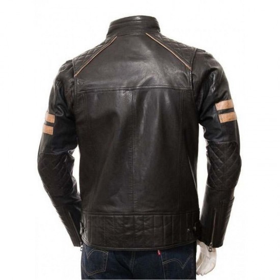 Mens Cafe Racer Striped Four Pockets Real Leather Biker Jacket