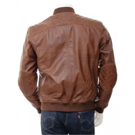 Mens Classic Quilted Panel Real Leather Bomber Jacket