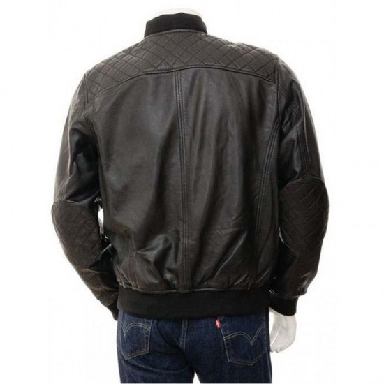 Mens Classic Quilted Panel Real Leather Bomber Jacket