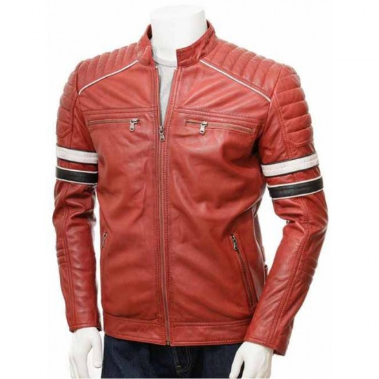 Mens Classic Racing Quilted Real Leather Biker Jacket