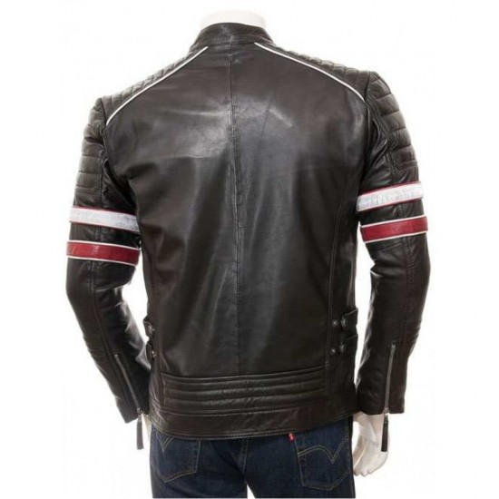 Mens Classic Racing Quilted Real Leather Biker Jacket