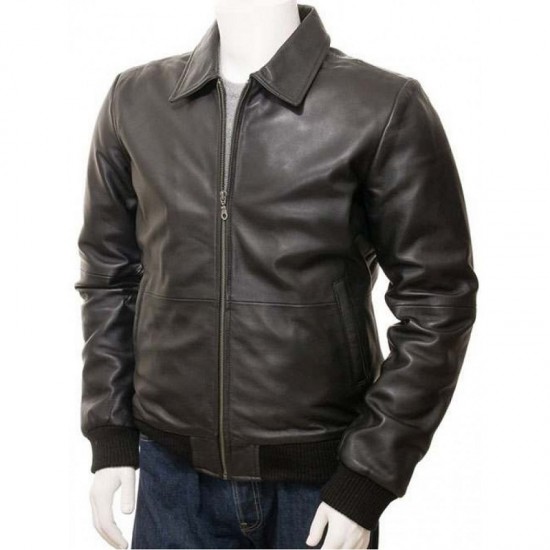 Mens Classic Shirt Collar Real Leather Bomber Jacket