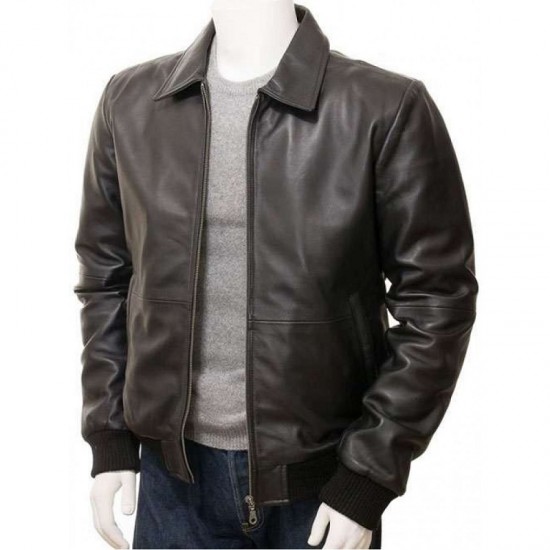 Mens Classic Shirt Collar Real Leather Bomber Jacket