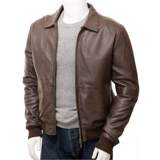 Mens Classic Shirt Collar Real Leather Bomber Jacket