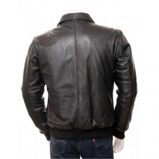 Mens Classic Shirt Collar Real Leather Bomber Jacket