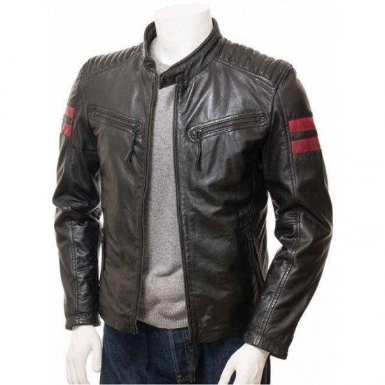 Mens Iconic Cafe Racer Sporty Red Trim Real Leather Biker Jacket