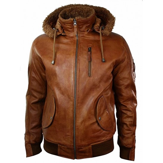 Mens Retro Brown Hooded Fur Real Leather Bomber Jacket