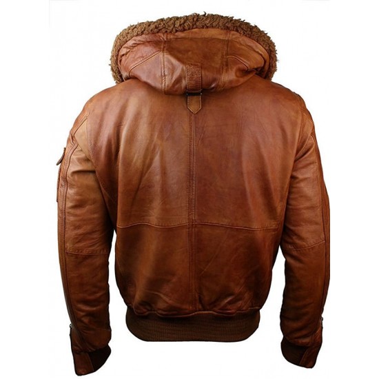 Mens Retro Brown Hooded Fur Real Leather Bomber Jacket