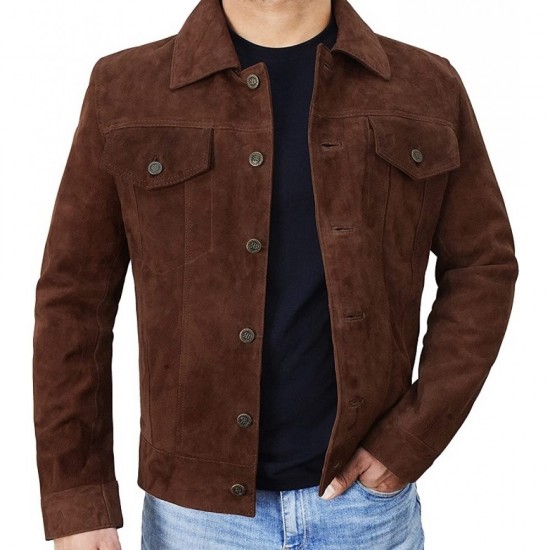 Mens Suede Leather Trucker Jacket - Classic Motorcycle Western Goat Leather Jacket