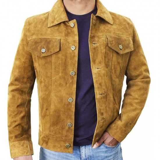 Mens Suede Leather Trucker Jacket - Classic Motorcycle Western Goat Leather Jacket