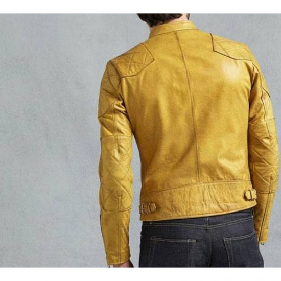 Mens Yellow Cafe Racer Leather Jacket