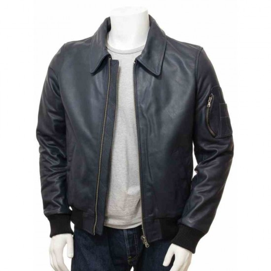 Men’s Black And Dark Blue Classic Real Leather Bomber Jacket