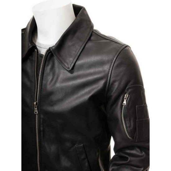 Men’s Black And Dark Blue Classic Real Leather Bomber Jacket