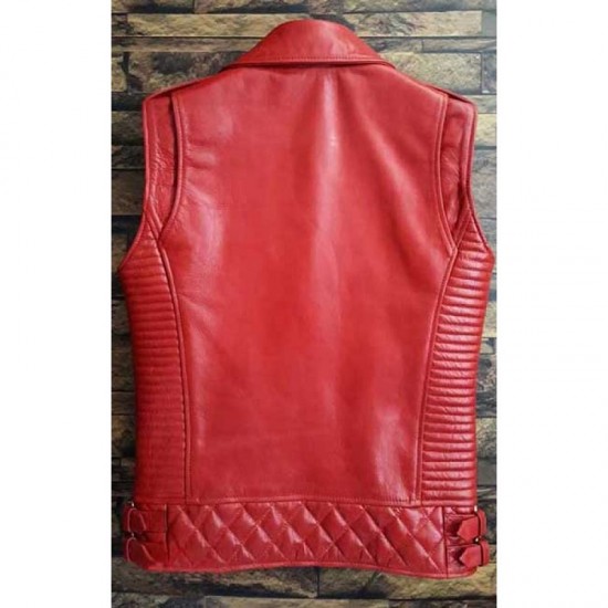 Men’s Red Cowhide Leather Sleeves Less Biker Style Vest