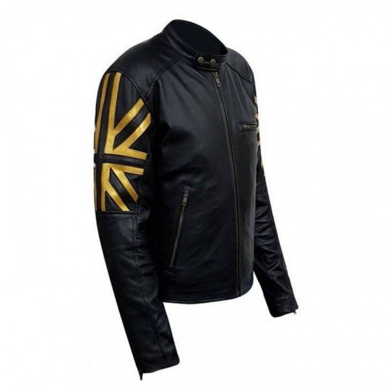 New Men's Biker Black UK Flag Leather Jacket