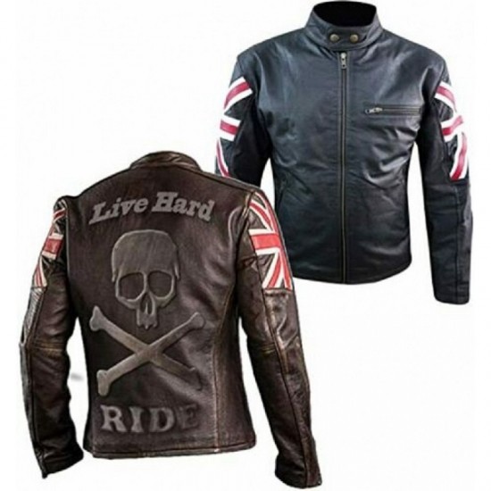 New Men's Biker Vintage Cafe Racer Leather Jacket with UK Flag and Embossed Skull