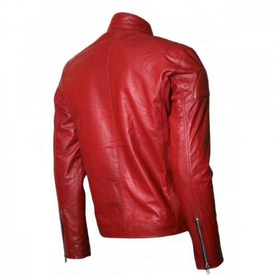 New Men's Silver Zipper Biker Red Leather Jacket