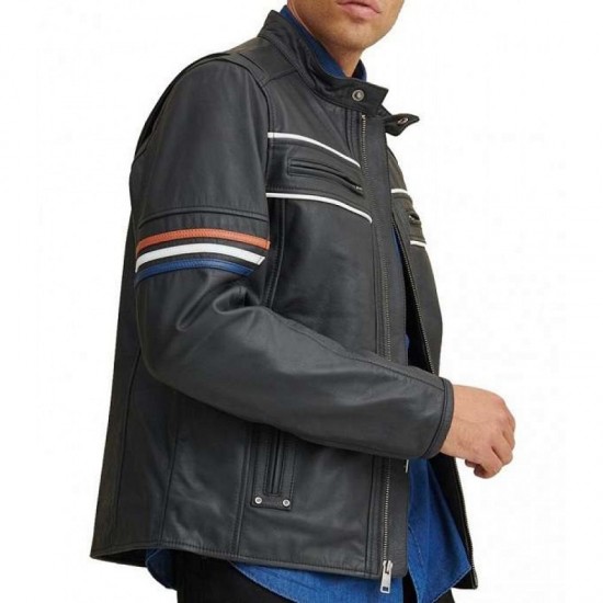 New Men's Tony Moto Multi Color Arm Stripe Leather Jacket