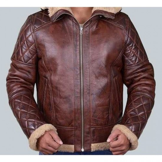 New Mens Bomber B3 Diamond Quilted Real Shearling Leather Jacket