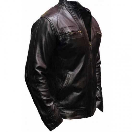 New Mens Quilted Cafe Racer Biker Leather Jacket