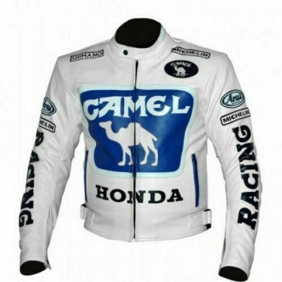 New Mens White Honda Blue Racing Motorcycle Biker Genuine Leather Jacket